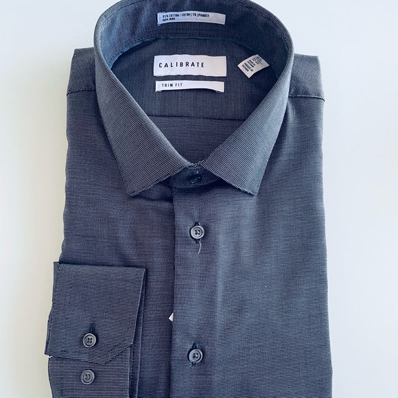 calibrate trim fit dress shirt Calibrate Trim Fit Button Down Shirt Blue White Gingham Stretch Men's Size L